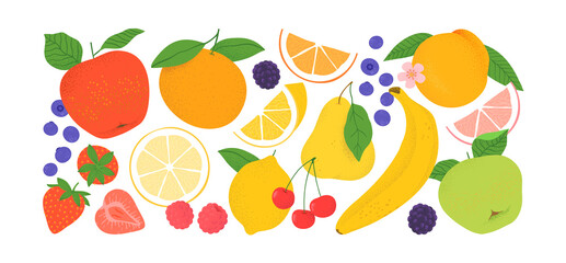 Tropical summer fruit clipart illustration collection. Isolated fruits ingredient cartoon set. Fresh organic apple, orange, strawberry, banana and more.	