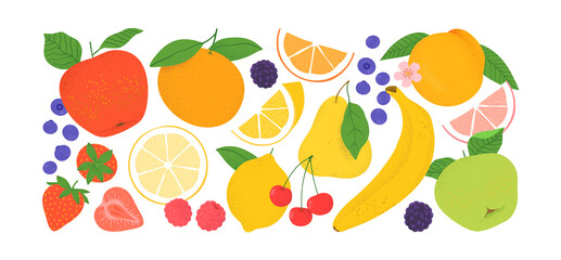 Obraz premium Tropical summer fruit clipart illustration collection. Isolated fruits ingredient cartoon set. Fresh organic apple, orange, strawberry, banana and more. 