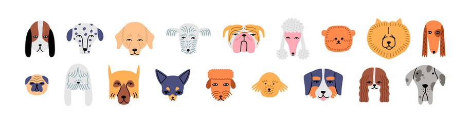 Funny dog animal head cartoon set in modern flat illustration style. Cute puppy pet collection, diverse breeds - domestic dogs bundle.   © Dedraw Studio