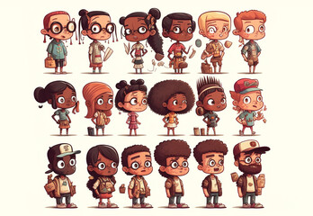set of multicultural kids character, isolated background Generative AI