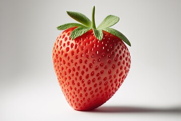  a close up of a strawberry with a green leaf on it's tip and a white background behind it, with a shadow of a single strawberry.  generative ai