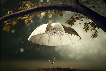  a white umbrella is hanging from a tree branch in the rain, with a tree branch in the foreground and a green field in the background.  generative ai