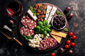  a plate of meat, cheese, and vegetables with a glass of wine on the side of the plate is a glass of wine and a bottle.  generative ai