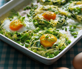 Zucchini egg nests with the addition of fresh herbs in casserole dish, close-up view. Easter food. 