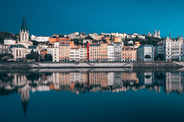 View of Saone river in the morning, Lyon. Special photographic processing.
