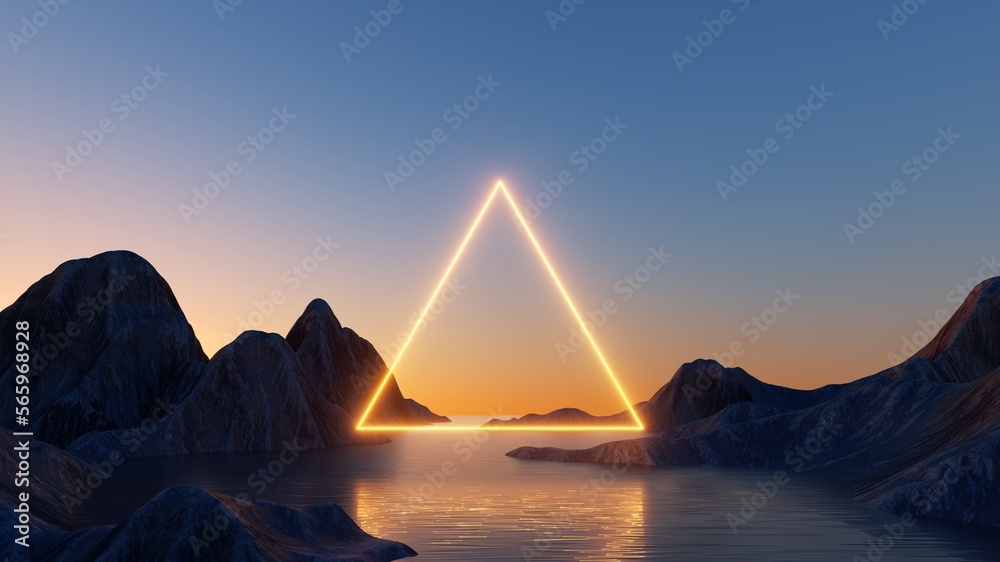 Wall mural 3d render, abstract background with triangular geometric frame and mystic landscape. rocks and water
