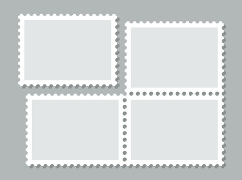 Post stamp. Empty postage stamps set. Postal shapes border. Collection paper postmarks for mail letter. Blank frames isolated on gray background. Vector illustration.