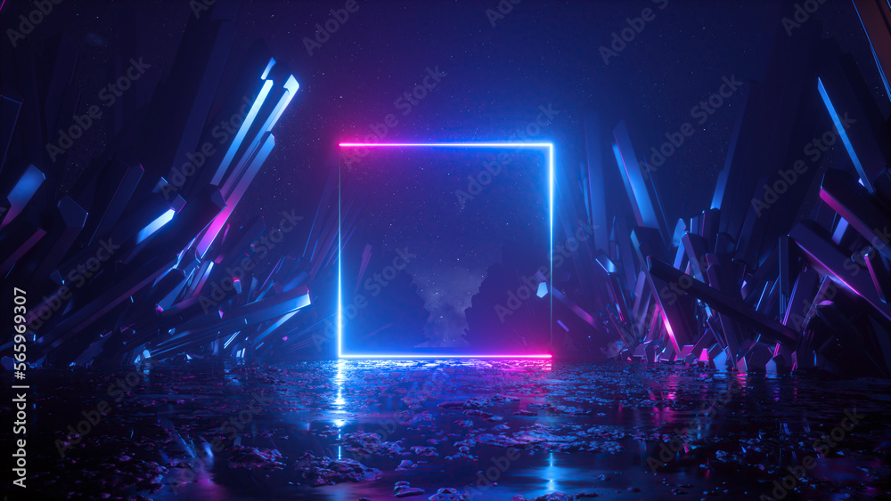 Wall mural 3d render, abstract futuristic background with cosmic terrain, crystals and glowing square frame. fa
