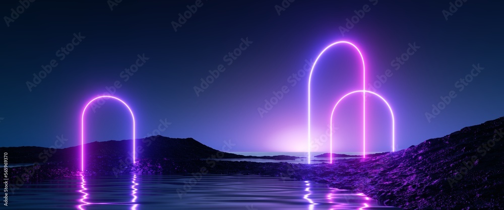 Canvas Prints 3d render, abstract background, futuristic landscape with neon lines, round arches, calm water and s