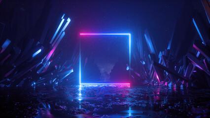 Fototapeta na wymiar 3d render, abstract futuristic background with cosmic terrain, crystals and glowing square frame. Fantastic neon wallpaper