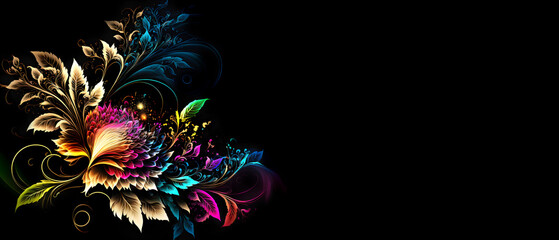 Colorful tropical flowers on black background. generative Ai 