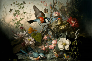 Vintage Exotic night garden with beautiful exotic flowers dark leaves exotic insects birds  background,generative ai.