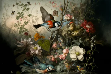  Vintage Exotic night garden with beautiful exotic flowers dark leaves exotic insects birds  background,generative ai. © Nokhoog