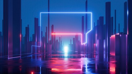 3d render, abstract geometric city with neon light, futuristic cityscape with skyscrapers