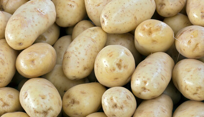 Closeup of pile of potatoes for sale at open market in Sao Paulo city, Brazil