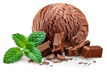 Chocolate Ice Cream Scoops isolated on white background. Chocolate ice-cream with mint leaf close...