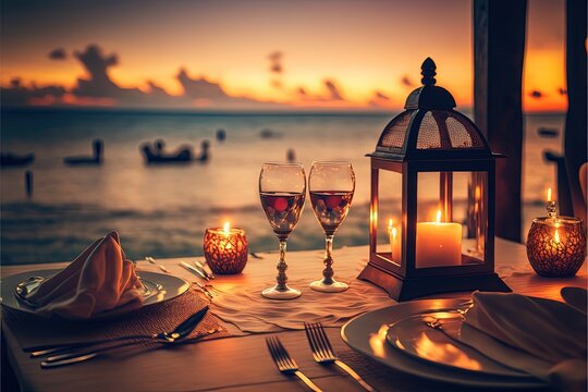 Luxury Romantic Candlelight Dinner Table Setup For Couple In Ocean View Restaurant On Valentine's Day With Champaign & Wine Glasses And Beautiful Food Decoration.