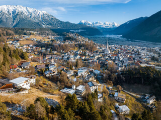 Aerial view of the city Imst in Winter in Tyrol, Austria.