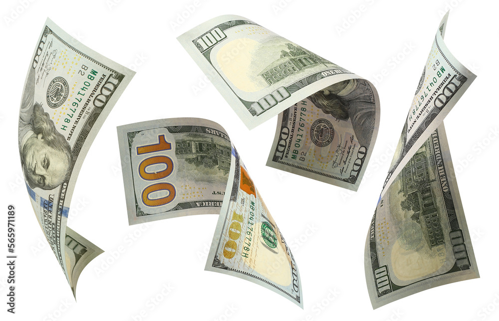 Wall mural set of flying hundred dollars banknotes cut out