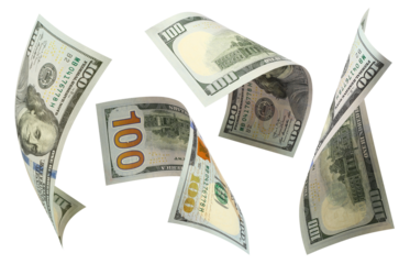 Set of flying hundred dollars banknotes cut out