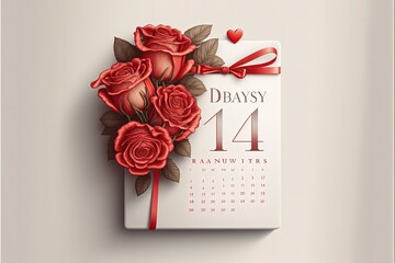 Valentine's day background with red roses bouquet, hearts, gift box, and calendar with the date 14 February on white background. Greeting card template for Valentine's Day. Side view, banner, sale