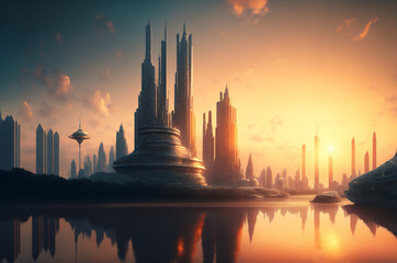 A Generative AI, illustration of a futuristic cit from science fiction at sunset with the skyscrapers lighten by golden hour in the middle of a cloudy blue sky near a river 