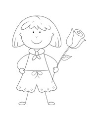 cute girl holding a flower. easy coloring page that you can print on standard 8.5x11 inch paper