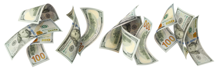 Set of flying hundred dollars banknotes cut out