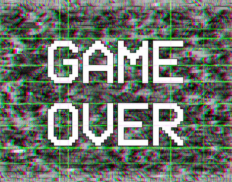 Game Over pixel text, glitch effect background, rgb shift