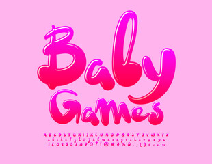 Vector pink Emblem Baby Games. Playful Glossy Font. Funny handwritten Alphabet Letters and Numbers