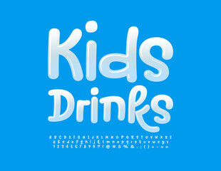 Vector funny Emblem Kids Drink. White Glossy Font. Modern Alphabet Letters and Numbers