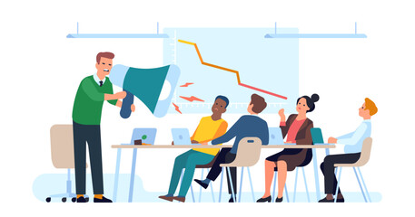 Aggressive supervisor yells at subordinates for poor performance. Angry boss shouting at employees. Manager with megaphone. Recession infographic. Conflict in office. Vector concept