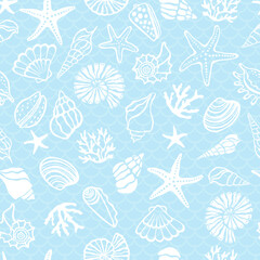 Seashells, corals and starfish seamless pattern.
