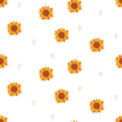 Seamless vector pattern with cute hand drawn sunflowers. Abstract floral texture. Fun design. Summer theme background for wrapping paper, textile, card, gift, fabric, wallpaper, packaging, apparel.