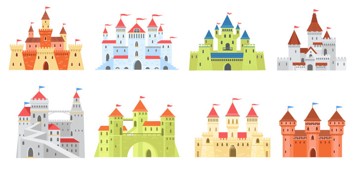Cartoon medieval castles. Color princess towers, historic fortified building, isolated fairy kingdoms, cute romantic palaces collection, fairytale colorful childish splendid home vector flat set