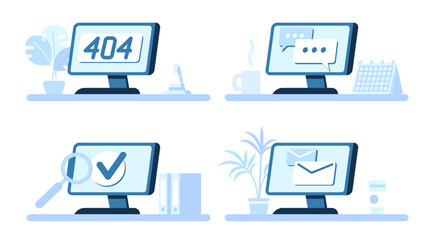 Computer monitors. Desktop with correspondence notification. PC error. Digital chat. Search engine and page not found 404. Email letter. Web messenger. Network technology. Vector concept