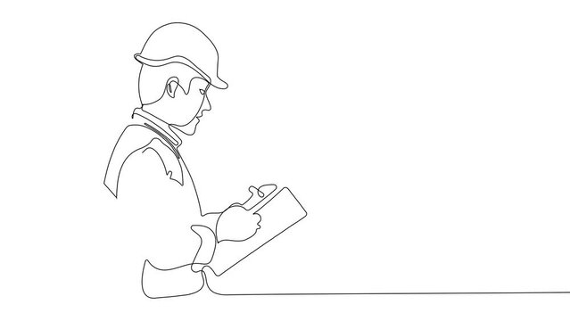 Animated drawing of continuous line draw architect meeting at construction site to talk blueprint design to team member. Building architecture concept. Single line animation. High quality 4k footage