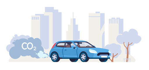 Harmful car exhausting fumes. Automobile air pollution. Vehicle producing CO2. Urban landscape. Gasoline combustion smog. Ecology contamination. Gases emission by transport. Vector concept