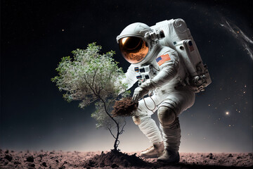 Naklejka premium Astronaut planting a tree on alien planet. Generative AI