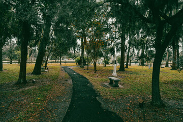 Path leading through a cemetery graveyard with spanish moss hanging from the trees
