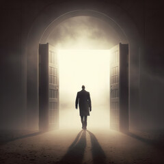 Fototapeta premium Man walking through the door to light.. Generative ai