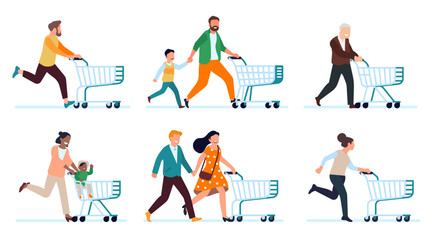 Fototapeta na wymiar People at sale run away with empty carts. Male and female customers on shopping. Men and women buy food in supermarket, happy characters with trolley. Vector cartoon flat concept