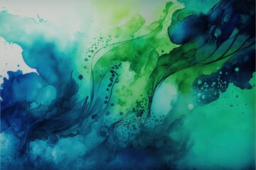  a painting of blue and green ink with bubbles and bubbles on it, and a green background with bubbles and bubbles on it, and a white background with a blue border.  generative ai