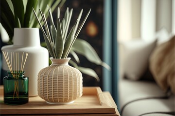  a white vase with a plant in it on a table next to a green vase with a reed in it and a white vase with a green plant in it.  generative ai