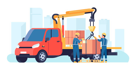 Fototapeta na wymiar Truck with crane. Construction and loading equipment. Men lifting boxes by machinery. Freight containers hanging on hook. Workers unloading lorry. Crates transportation. Vector concept