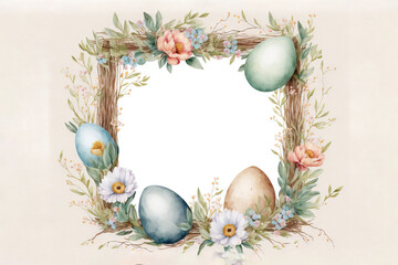 Fototapeta na wymiar a watercolor easter frame with flowers and eggs on it, with a white background and a blue border around the edges of the frame. generative ai