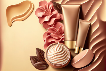 Background for beauty, make-up and cosmetic care. Cosmetics blank on wavy skin tone background. Blank banner Promo design for beauty salon blog. AI
