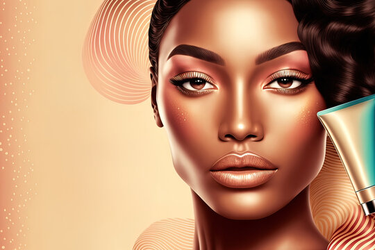 Background for beauty, make-up and cosmetic care. Cosmetics blank on wavy skin tone background. Blank banner Promo design for beauty salon blog. AI