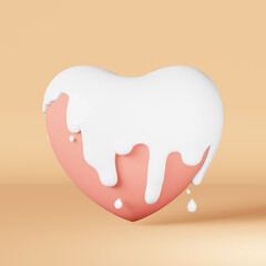 Heart with white paint splash melting glossy glaze 3d rendering pastel background. Valentines day composition Wedding invitation design. Love, anniversary, engagement, dating concept. Minimalist shape