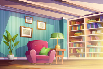 Cartoon vector illustration. Cosy home living room or cabinet with place for reading books. Library with book shelves, chair and lamp.